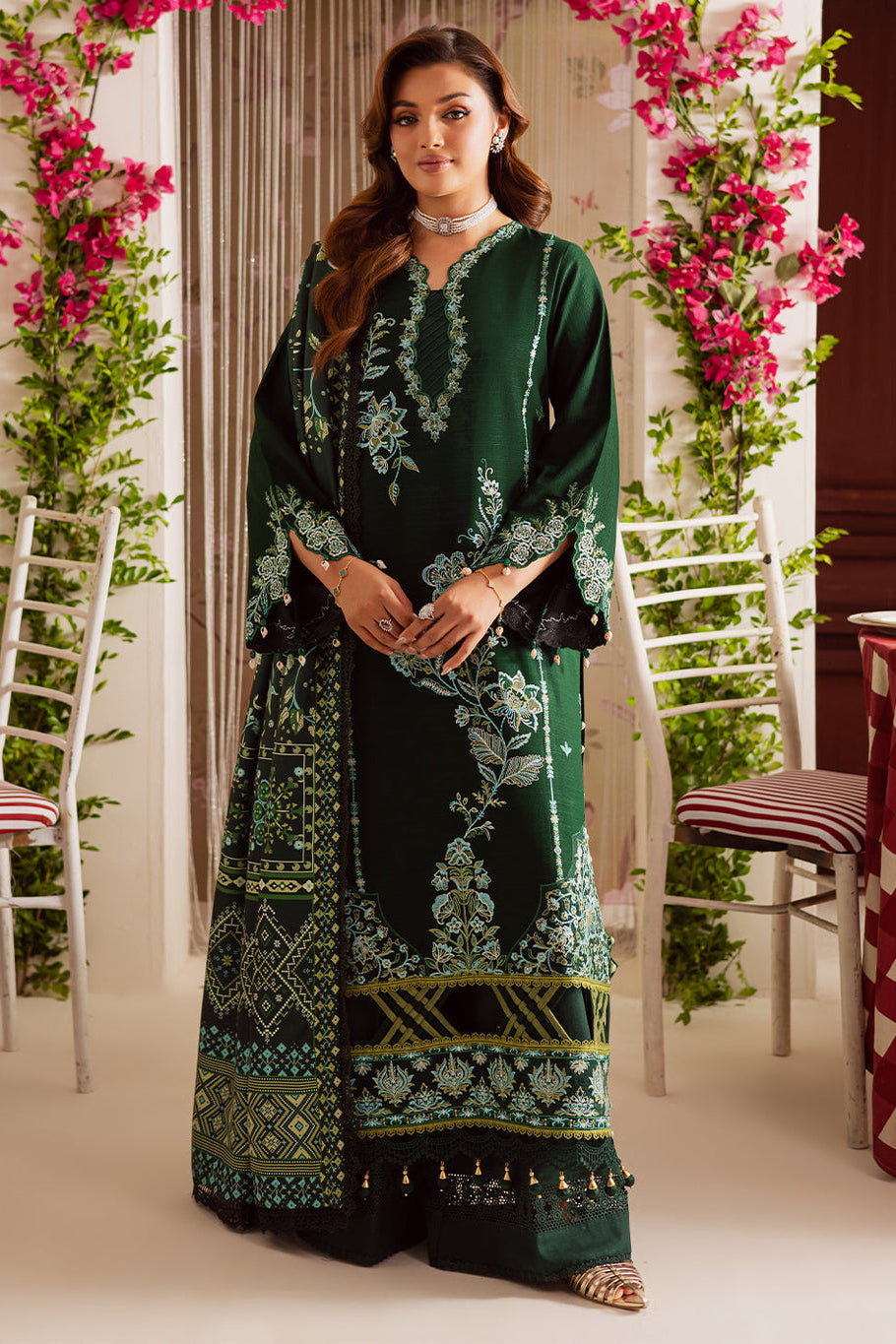 MAHNUR-3PC DHANAK EMBROIDERED SHIRT WITH COURTRAI PRINTED SHAWL & TROUSER