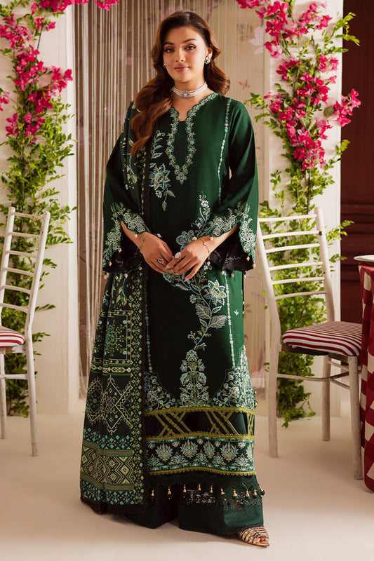 MAHNUR-3PC DHANAK EMBROIDERED SHIRT WITH COURTRAI PRINTED SHAWL & TROUSER