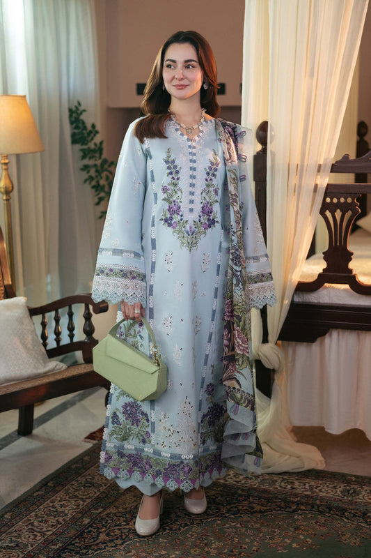 JADE - 3PC DHANAK EMBROIDERED SHIRT WITH DIGITAL PRINT SHAWL AND DYED TROUSER