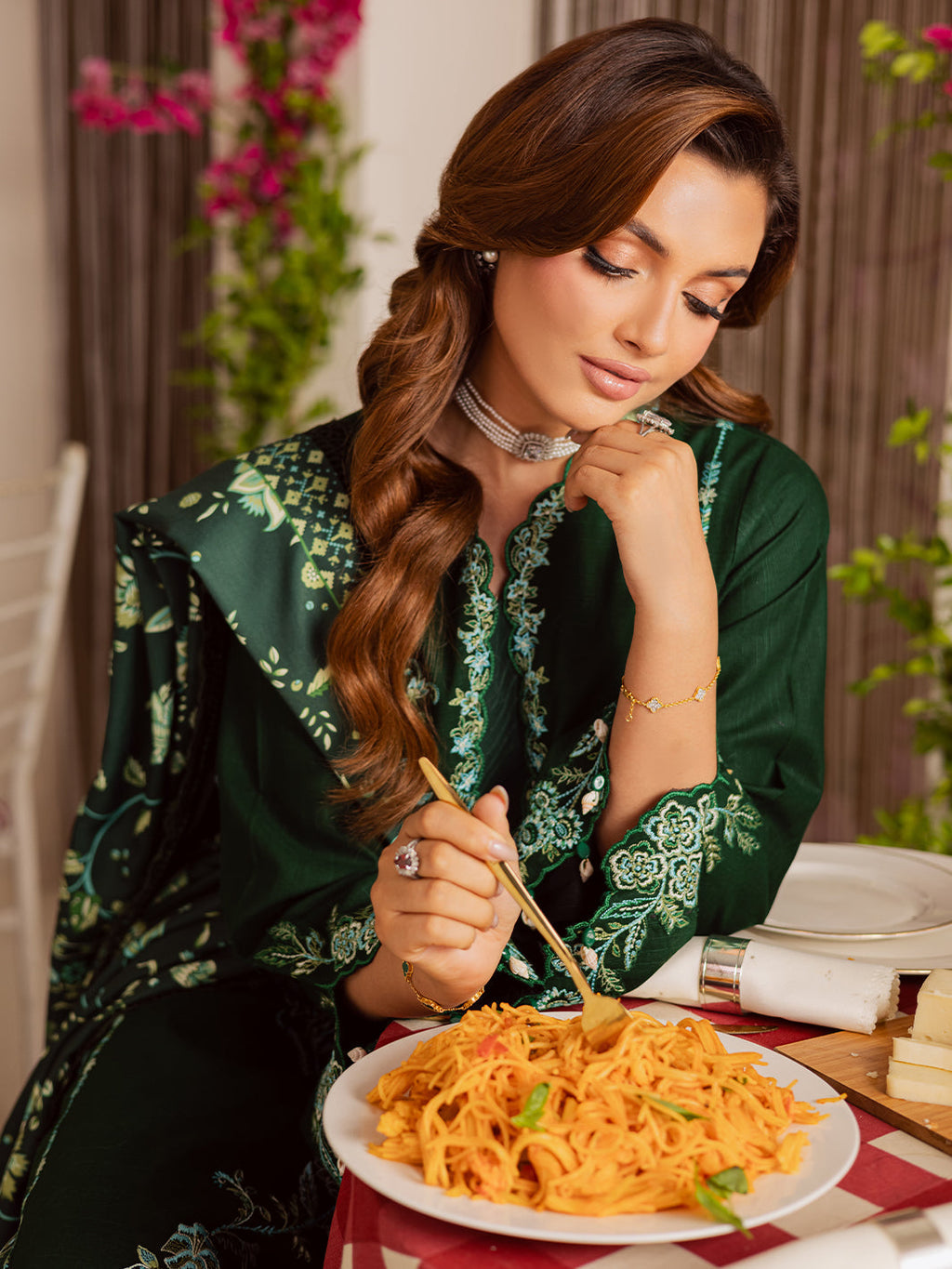 MAHNUR-3PC DHANAK EMBROIDERED SHIRT WITH COURTRAI PRINTED SHAWL & TROUSER