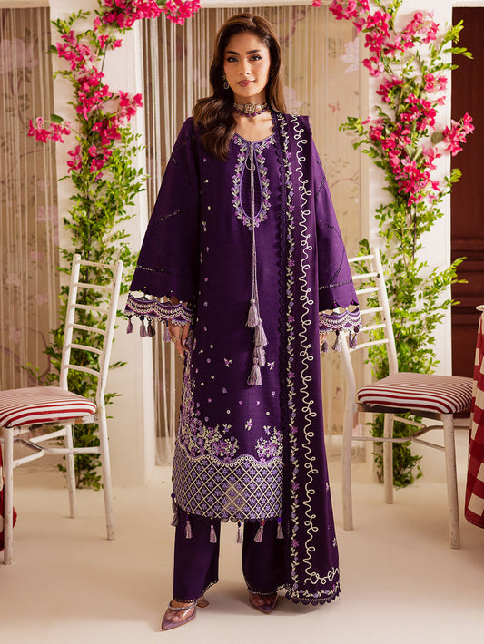 MAHNUR-3PC DHANAK EMBROIDERED SHIRT WITH DHANAK EMBROIDERED SHAWL & TROUSER