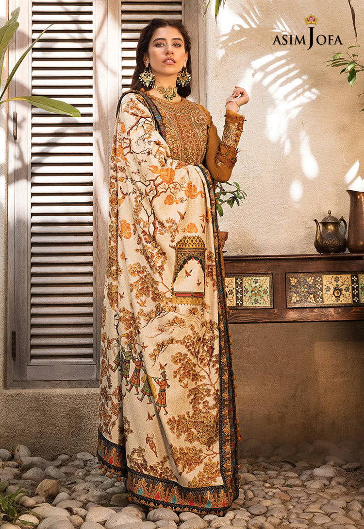 ASIM JOFA-3PC DHANAK EMBROIDERED SHIRT WITH COURTRAI PRINTED SHAWL & TROUSR