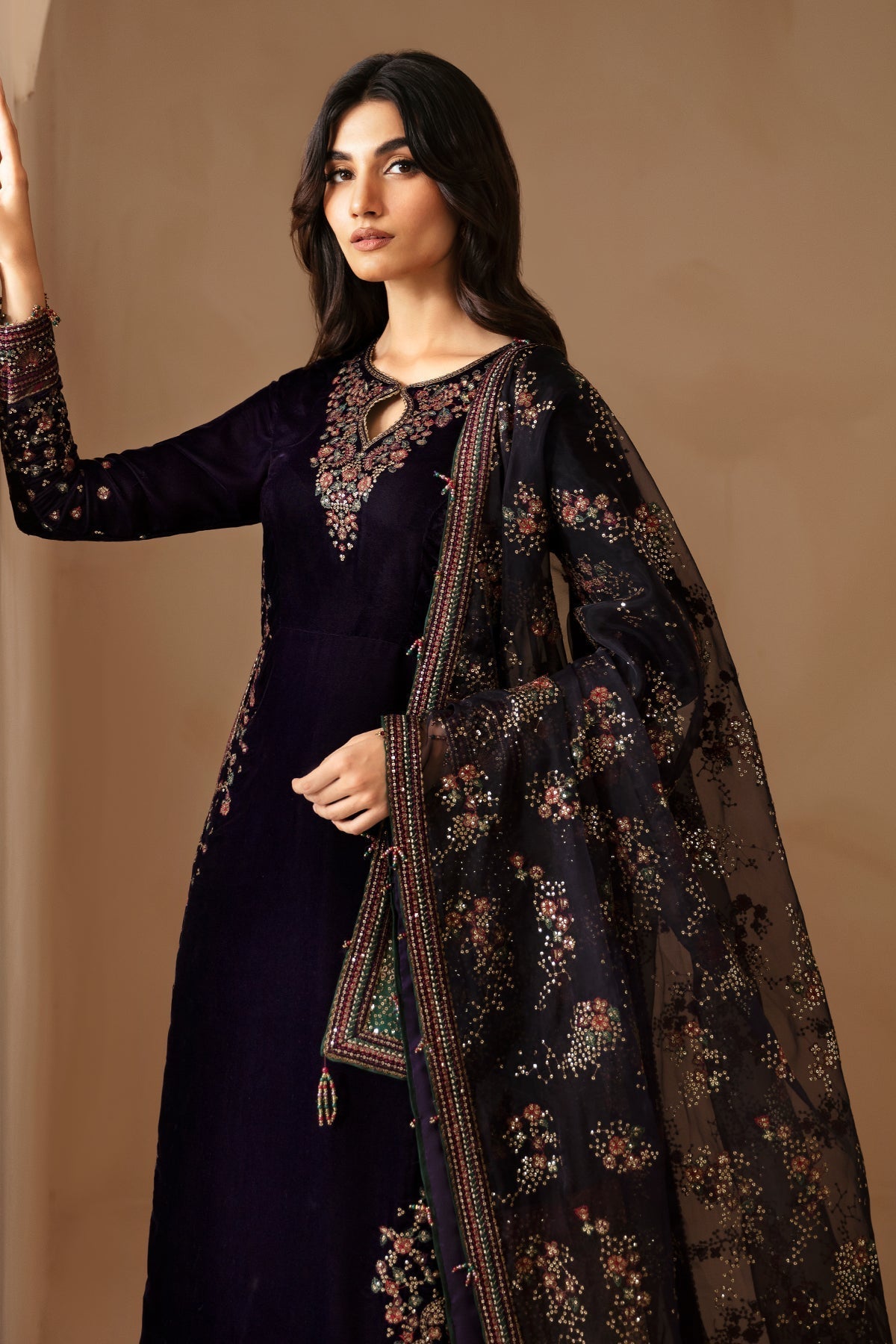 Jazmin 3PC Embroidered Velvet Suit with Embroidered Organza Dupatta