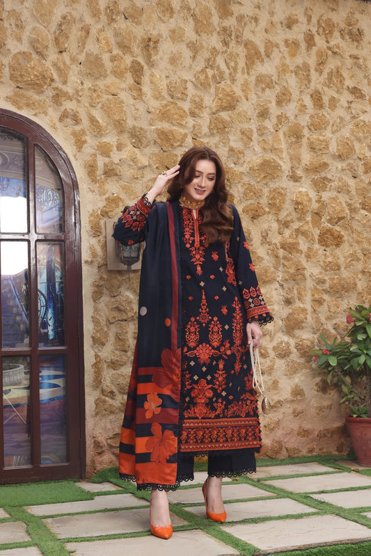 ASIM JOFA-3PC DHANAK EMBROIDERED SHIRT WITH COURTRAI PRINTED SHAWL & TROUSER