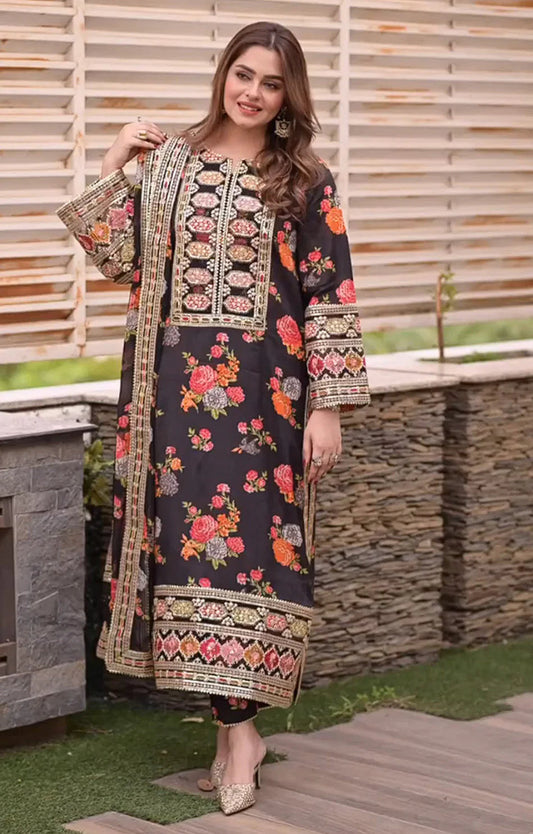 ANEELA’S UNSTITCHED SHAMOOZ SILK 3PC WITH READY TO WEAR SILK DUPATTA
