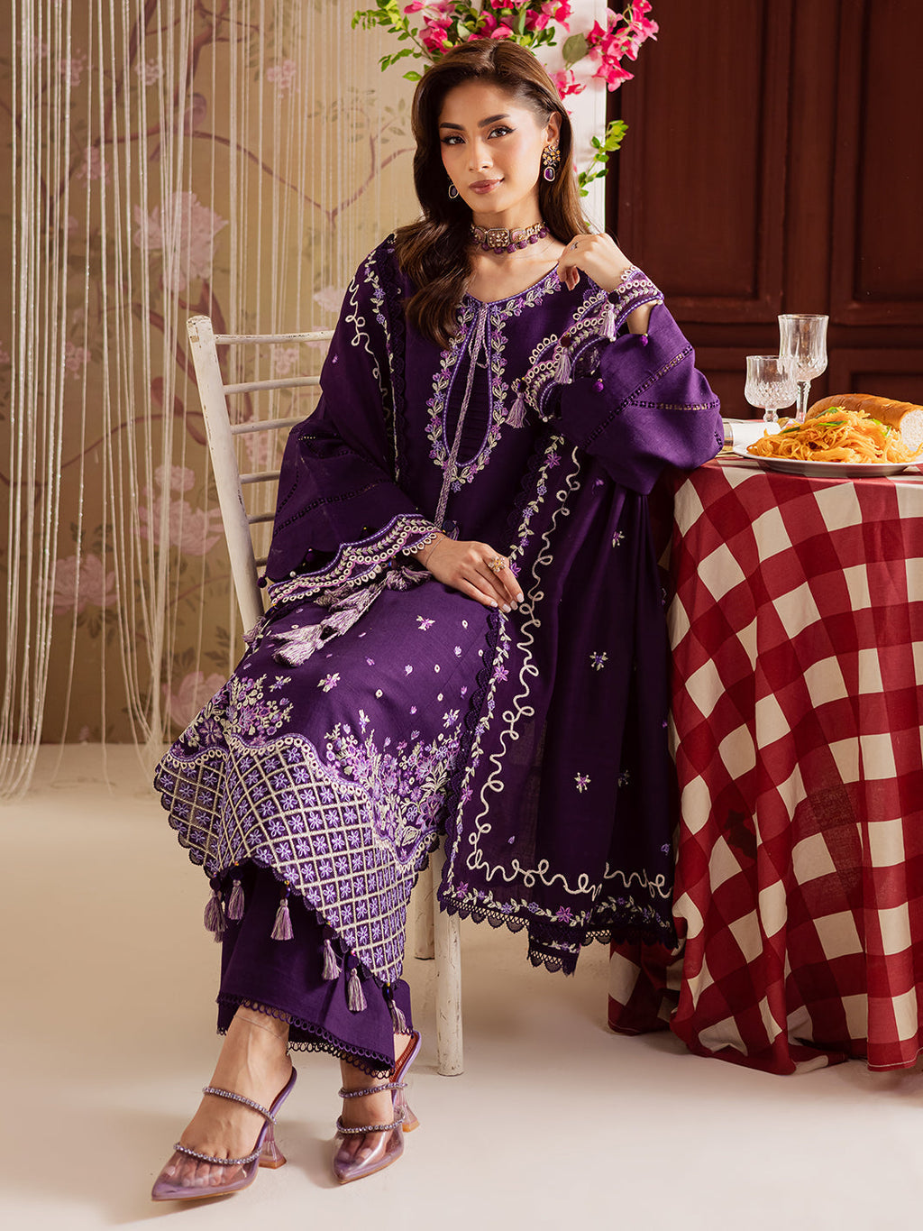 MAHNUR-3PC DHANAK EMBROIDERED SHIRT WITH DHANAK EMBROIDERED SHAWL & TROUSER