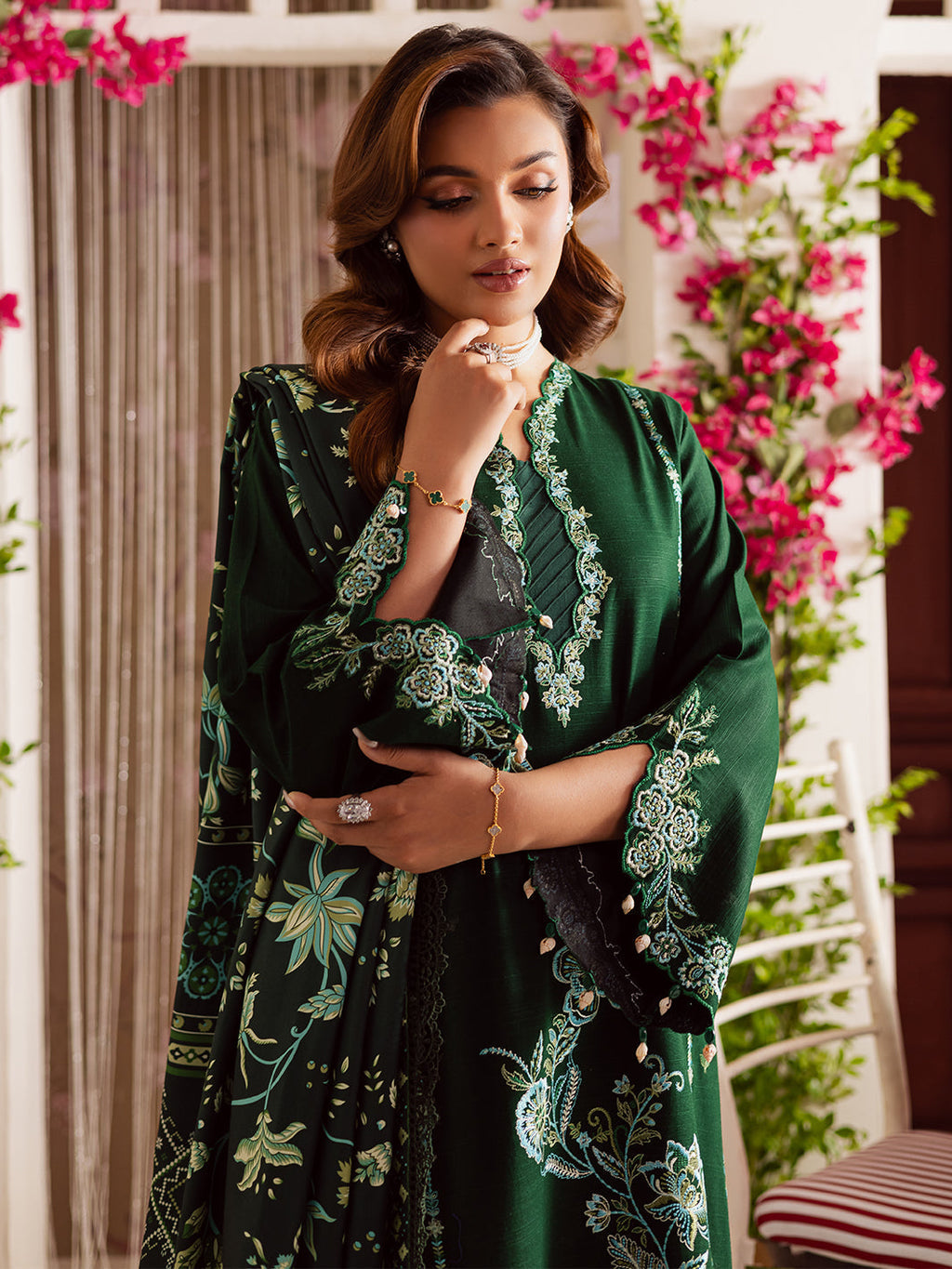 MAHNUR-3PC DHANAK EMBROIDERED SHIRT WITH COURTRAI PRINTED SHAWL & TROUSER