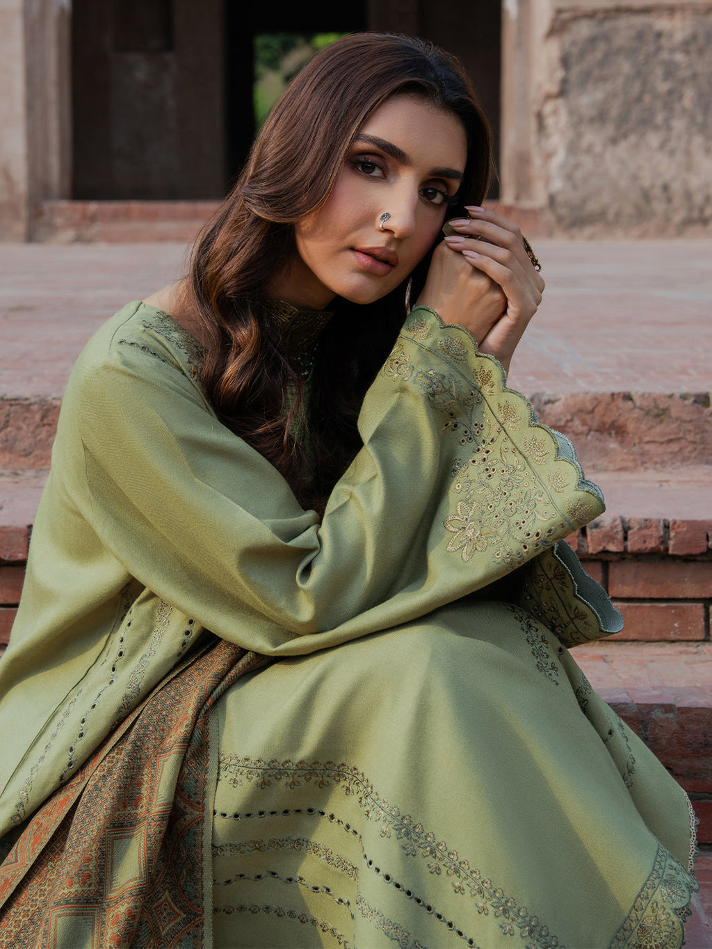 IZEL-3PC DHANAK EMBROIDERED SHIRT WITH COURTRAI PRINTED SHAWL & TROUSER