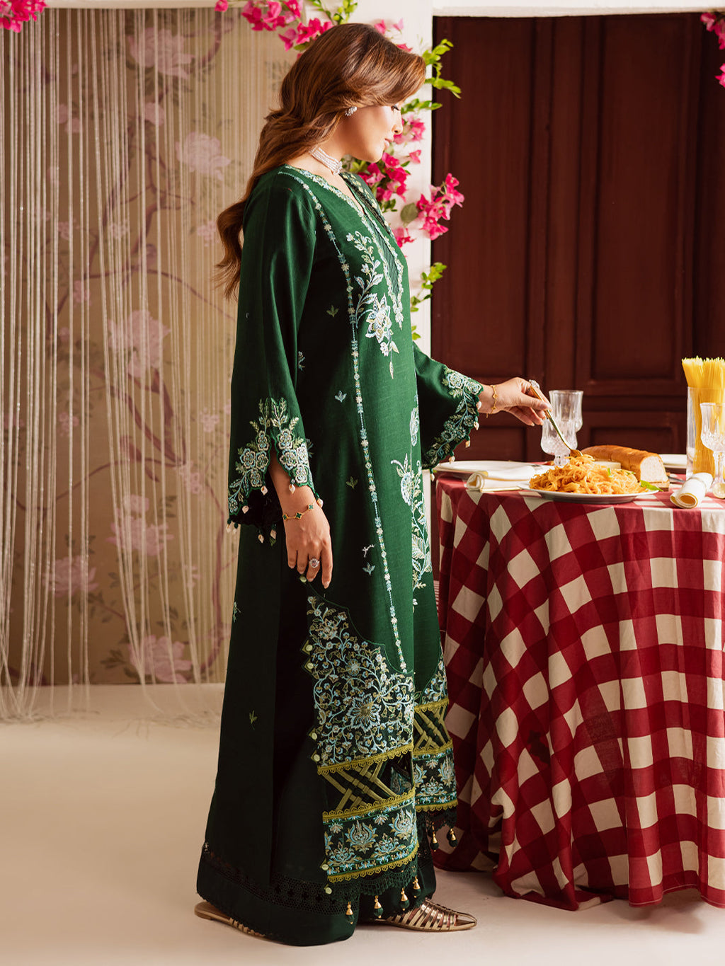 MAHNUR-3PC DHANAK EMBROIDERED SHIRT WITH COURTRAI PRINTED SHAWL & TROUSER
