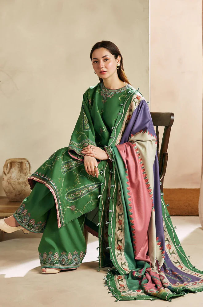 ZARA SHAH JAHAN-3PC DHANAK EMBROIDERED SHIRT WITH  PRINTED SHAWL AND TROUSER