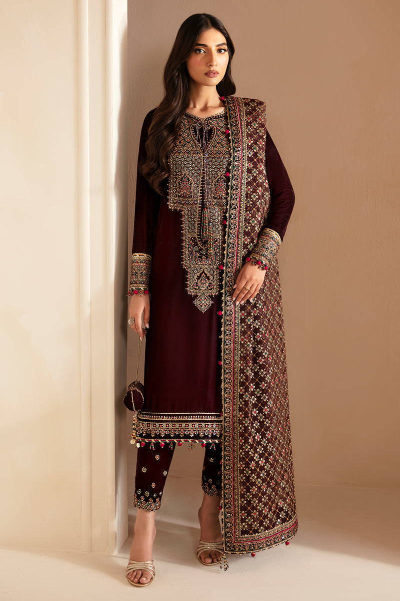 Jazmin 3PC Embroidered Velvet Suit with Embroidered Organza Dupatta