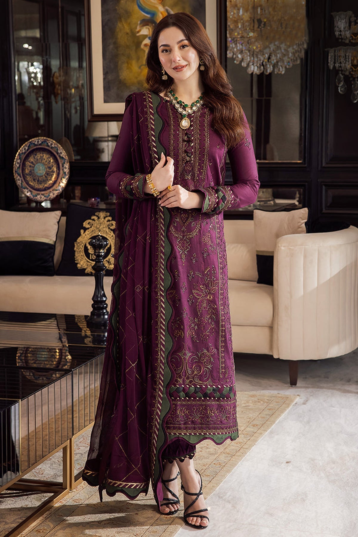 ASIM JOFA-3PC DHANAK EMBROIDERED SHIRT WITH DHANAK EMBROIDERED SHAWL AND DHANAK EMBROIDERED TROUSER