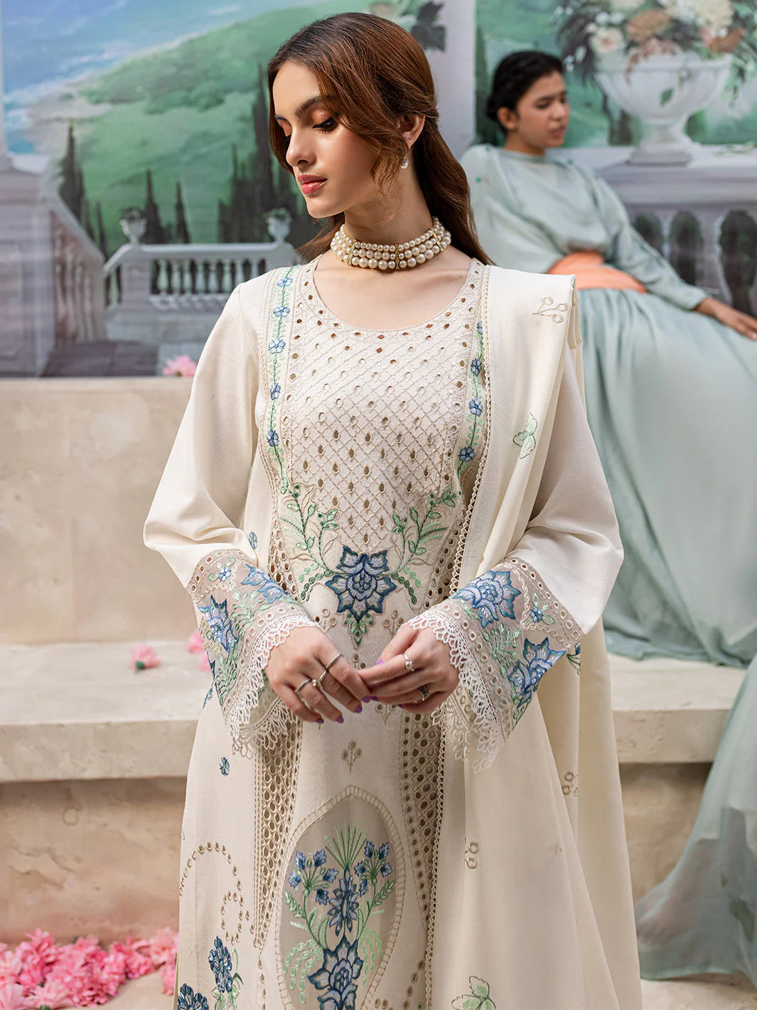 MAHNUR- WINTER UNSTITCHED DHANAK 3PC EMBROIDERED WITH LASER WORK EMBROIDERED SHAWL