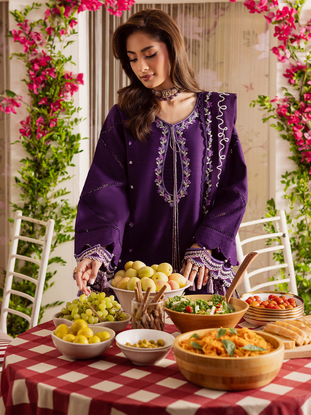MAHNUR-3PC DHANAK EMBROIDERED SHIRT WITH DHANAK EMBROIDERED SHAWL & TROUSER