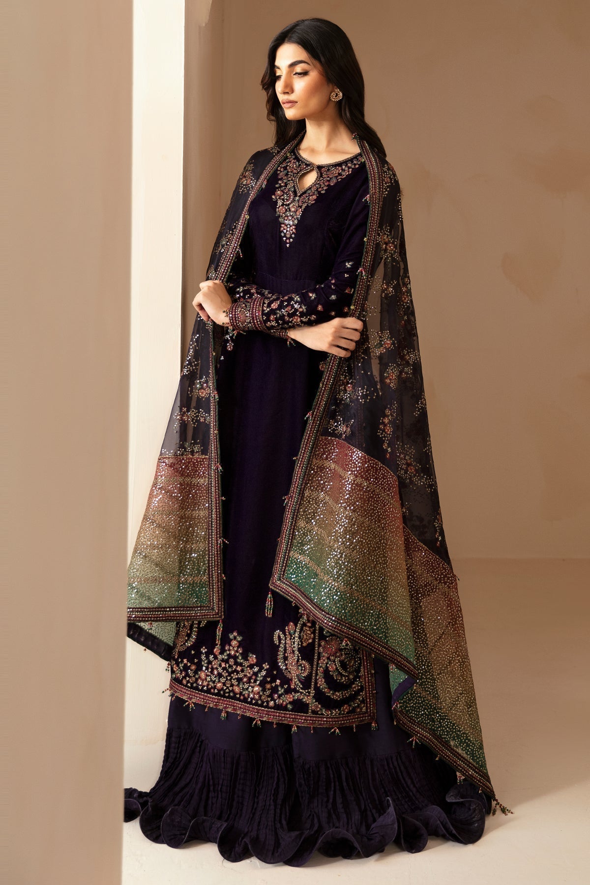 Jazmin 3PC Embroidered Velvet Suit with Embroidered Organza Dupatta