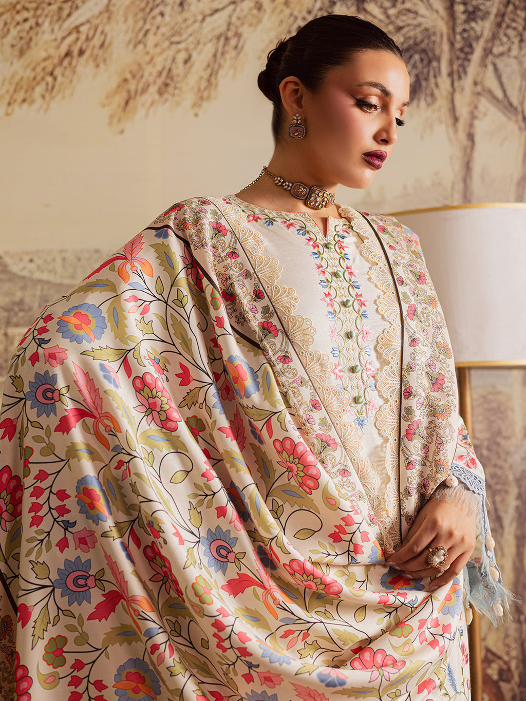 MAHNUR-3PC DHANAK EMBROIDERED SHIRT WITH COURTRAI PRINTED SHAWL & TROUSER