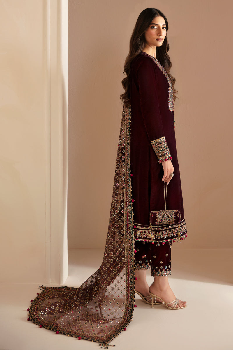 Jazmin 3PC Embroidered Velvet Suit with Embroidered Organza Dupatta