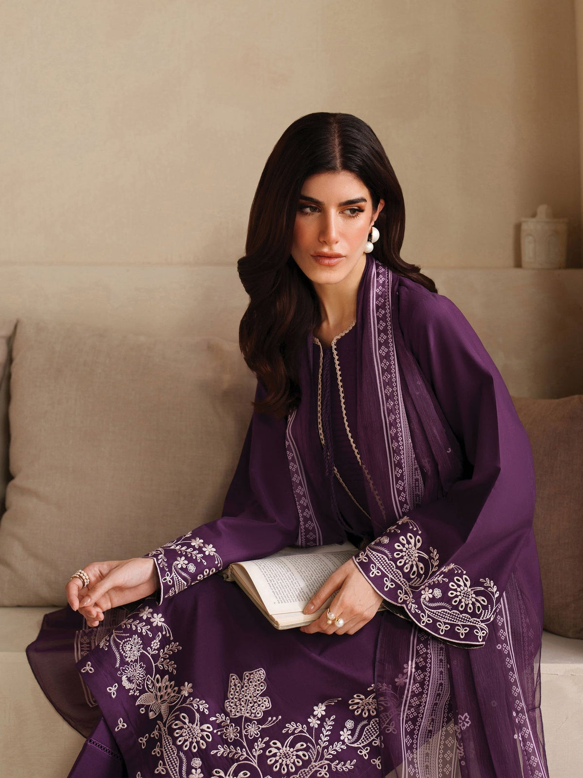 GARNET-3PC DHANAK EMBROIDERED SHIRT WITH COURTRAI PRINTED SHAWL AND TROUSER