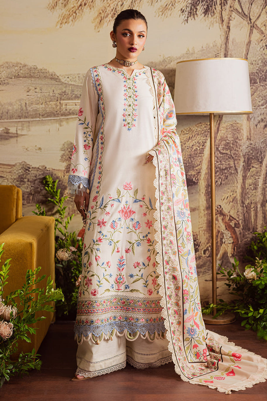 MAHNUR-3PC DHANAK EMBROIDERED SHIRT WITH COURTRAI PRINTED SHAWL & TROUSER