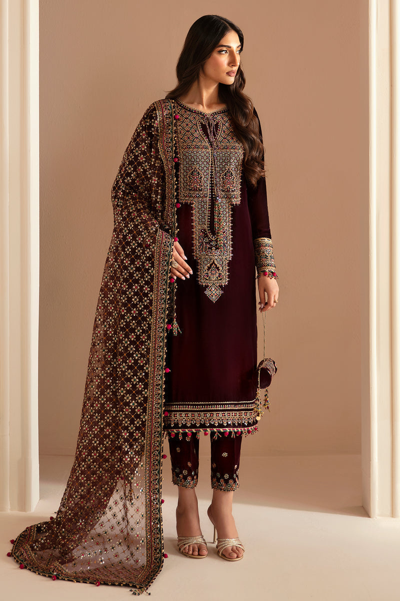 Jazmin 3PC Embroidered Velvet Suit with Embroidered Organza Dupatta
