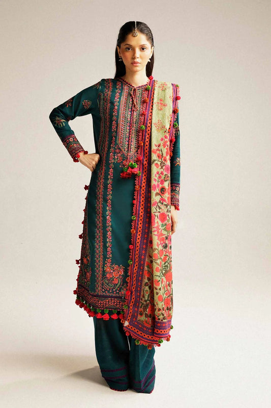 HUSSAIN REHAR LUXURY DHANAK UNSTITCHED  EMBROIDERED 3PC WITH DHANAK MARINA READY TO WEAR SHAWL
