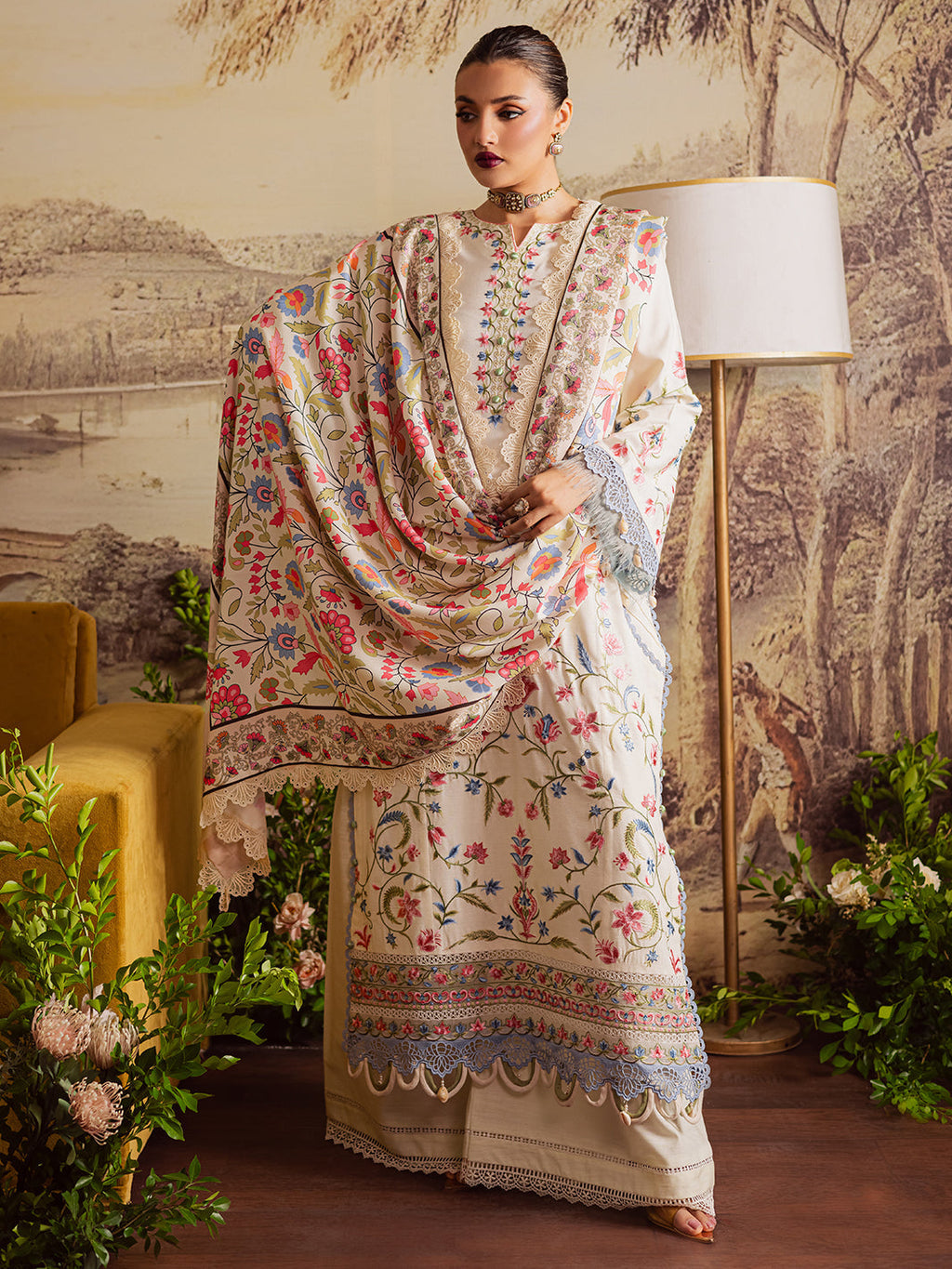 MAHNUR-3PC DHANAK EMBROIDERED SHIRT WITH COURTRAI PRINTED SHAWL & TROUSER