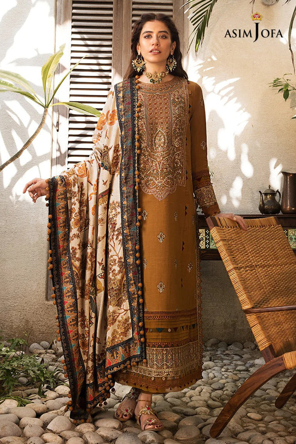 ASIM JOFA-3PC DHANAK EMBROIDERED SHIRT WITH COURTRAI PRINTED SHAWL & TROUSR