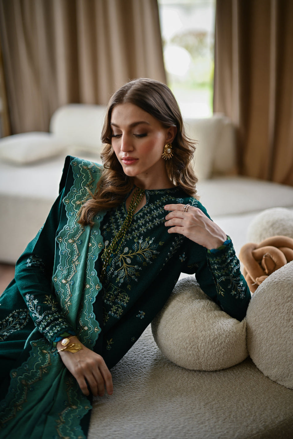 BATIK-3PC KARANDI EMBROIDERED SHIRT WITH DHANAK EMBROIDERED SHAWL AND TROUSER