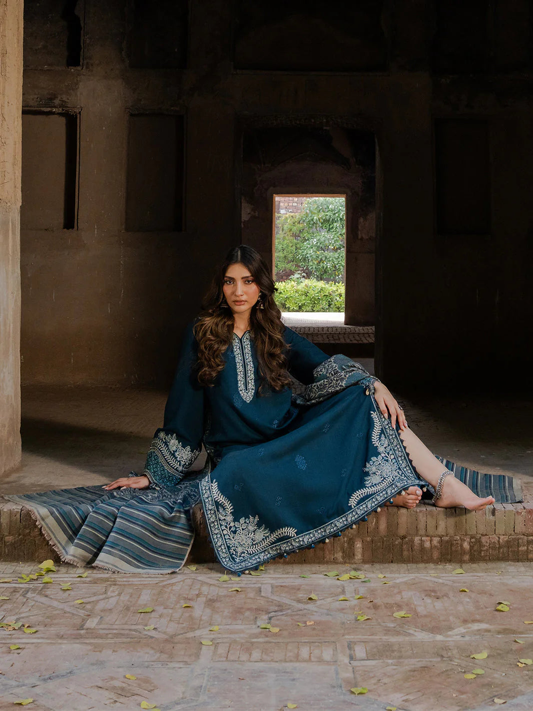IZEL-3PC DHANAK EMBROIDERED SHIRT WITH COURTRAI PRINTED SHAWL & TROUSER
