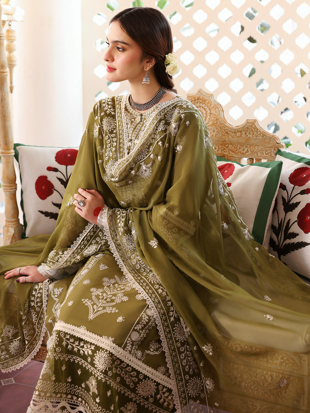 MAHNUR-3PC DHANAK EMBROIDERED SHIRT WITH DHANAK EMBROIDERED SHAWL & TROUSER