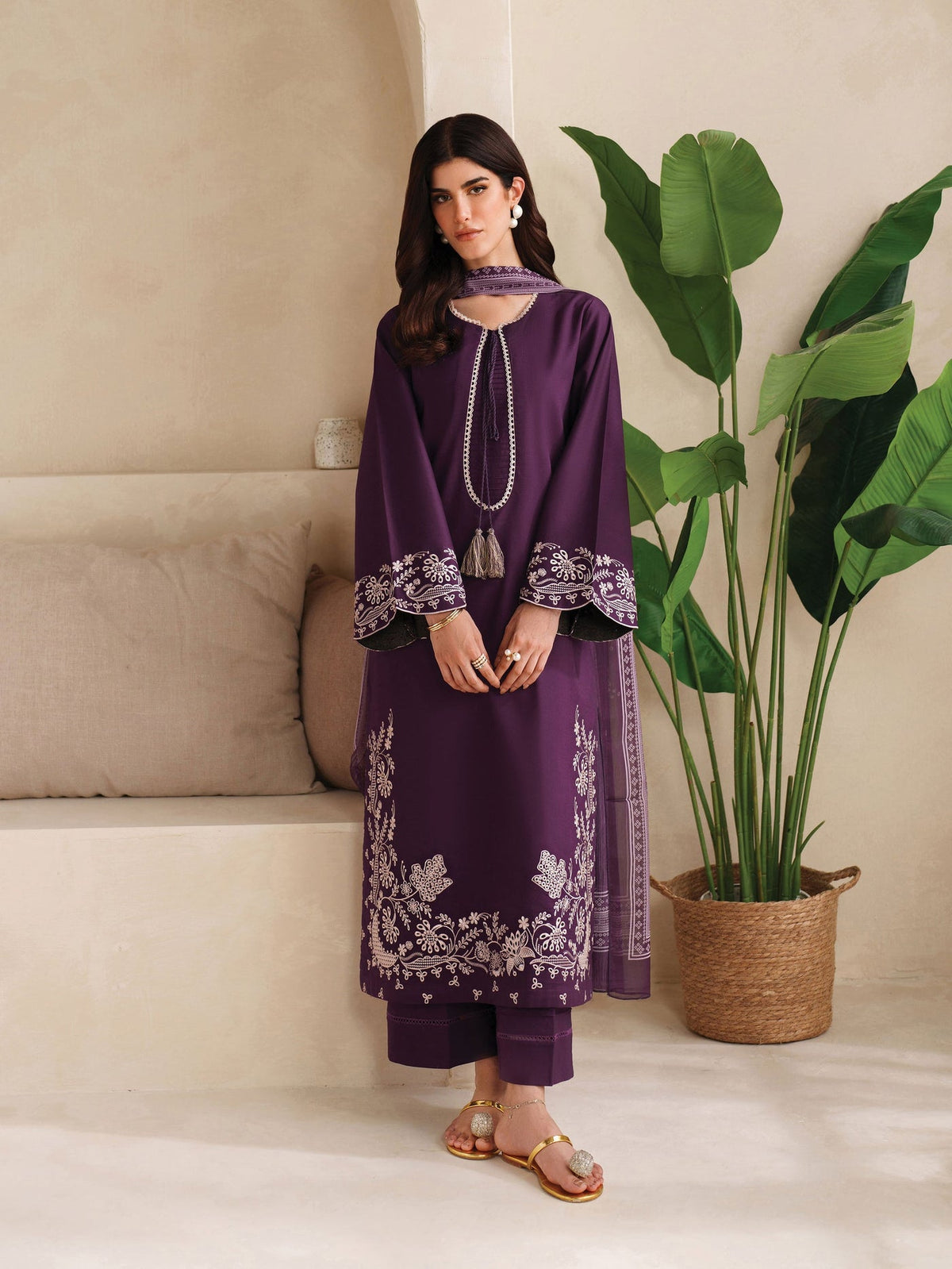 GARNET-3PC DHANAK EMBROIDERED SHIRT WITH COURTRAI PRINTED SHAWL AND TROUSER