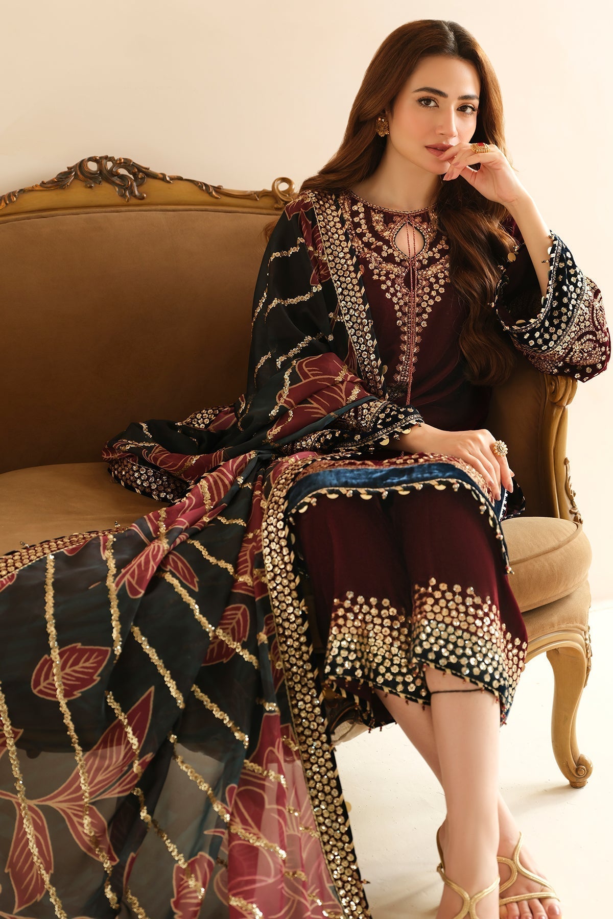Jazmin 3PC Embroidered Velvet Suit with Embroidered Organza Dupatta
