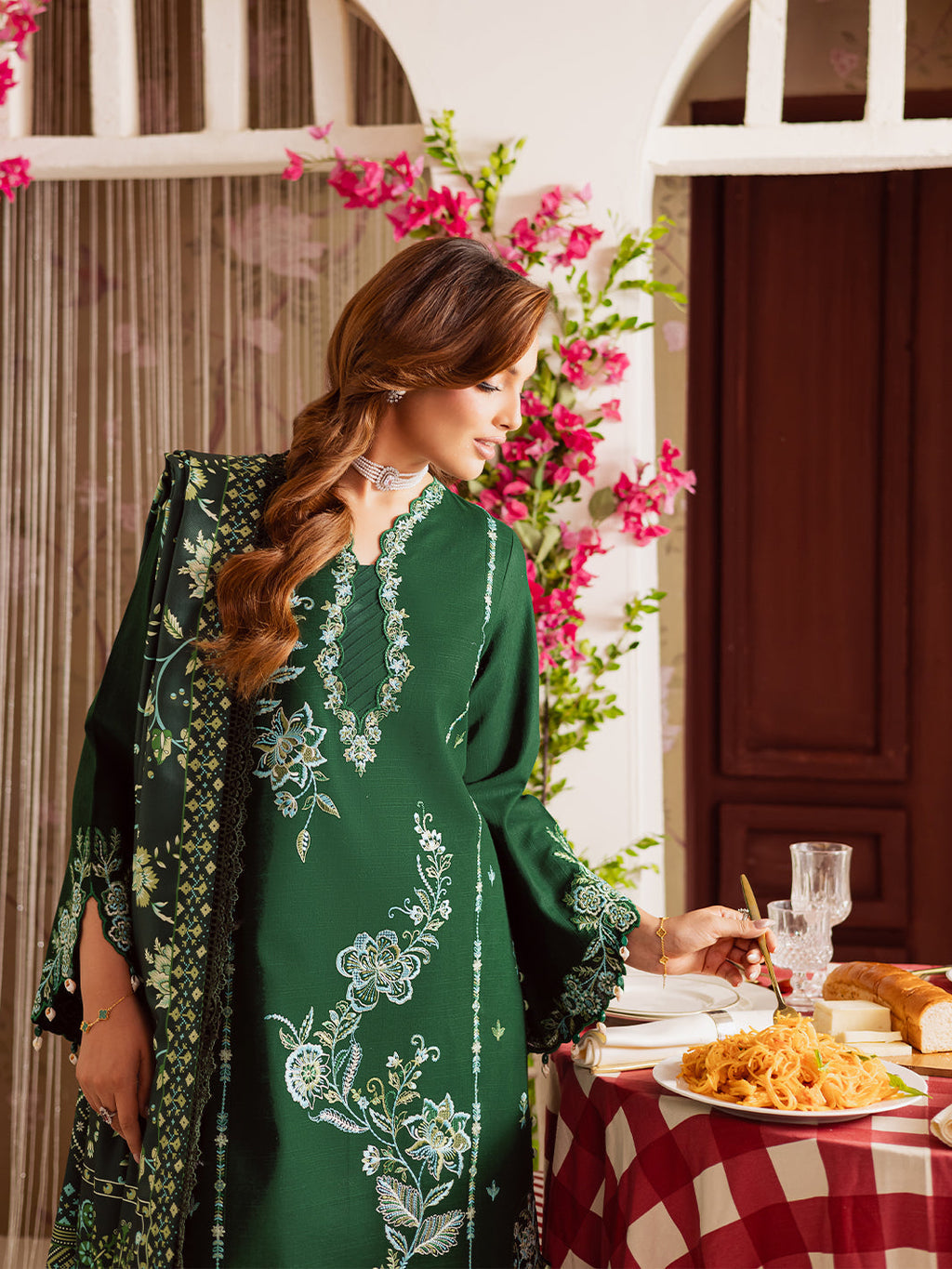 MAHNUR-3PC DHANAK EMBROIDERED SHIRT WITH COURTRAI PRINTED SHAWL & TROUSER