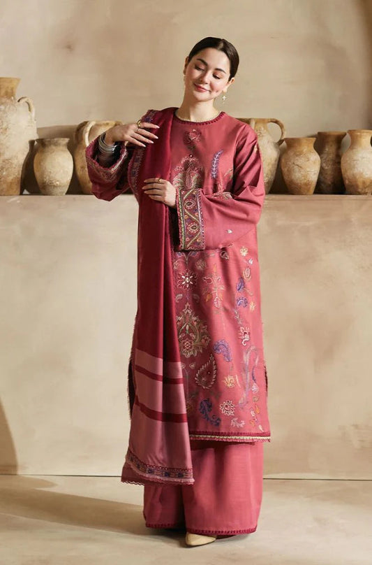 ZARA SHAH JAHAN-3PC DHANAK EMBROIDERED SHIRT WITH  PRINTED SHAWL AND TROUSER