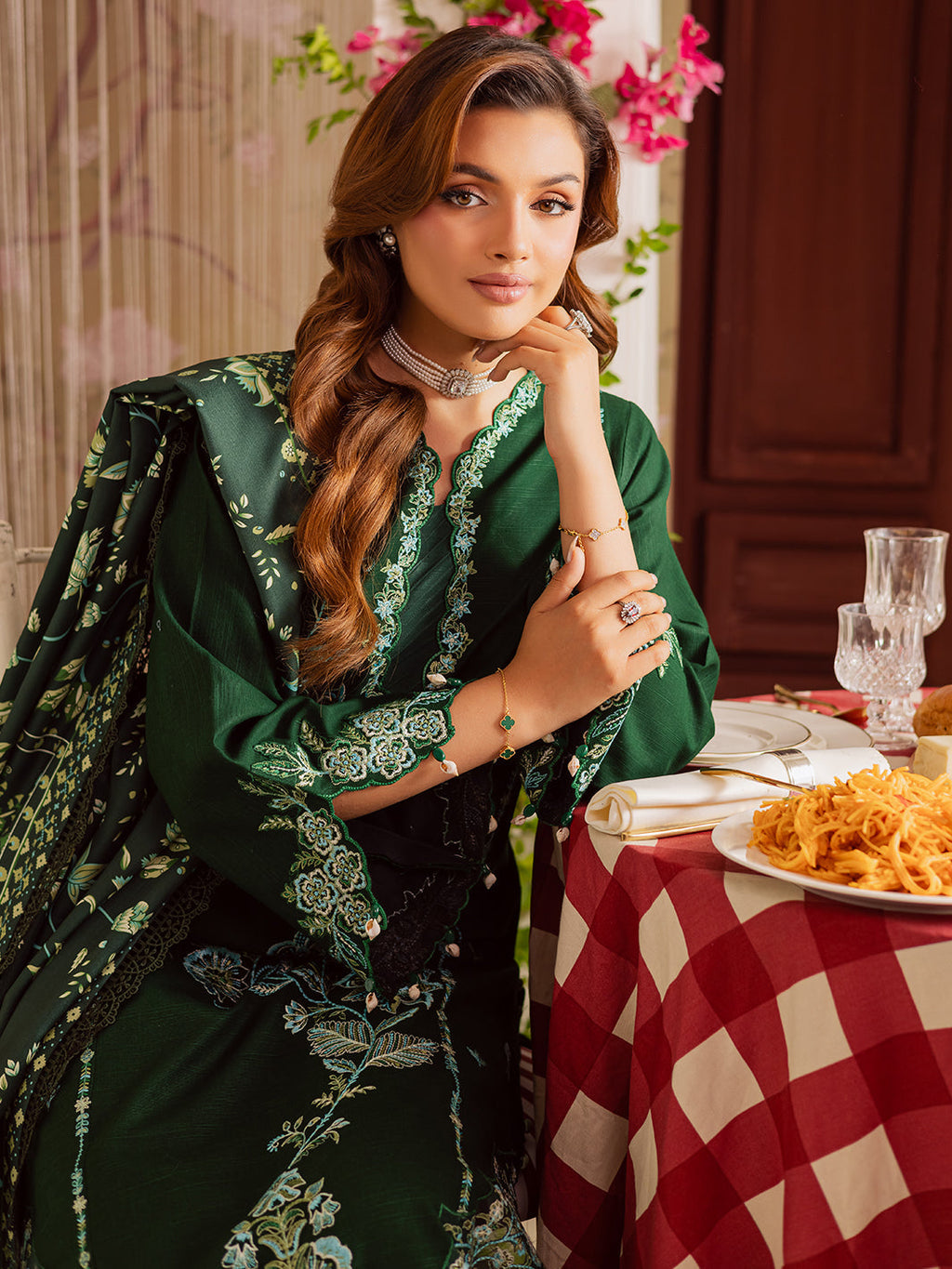 MAHNUR-3PC DHANAK EMBROIDERED SHIRT WITH COURTRAI PRINTED SHAWL & TROUSER