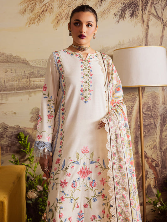 MAHNUR-3PC DHANAK EMBROIDERED SHIRT WITH COURTRAI PRINTED SHAWL & TROUSER