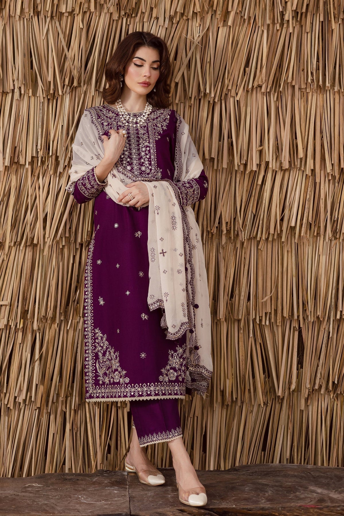 BATIK-3PC DHANAK EMBROIDERED SHIRT WITH DHANAK EMBROIDERED SHAWL AND TROUSER