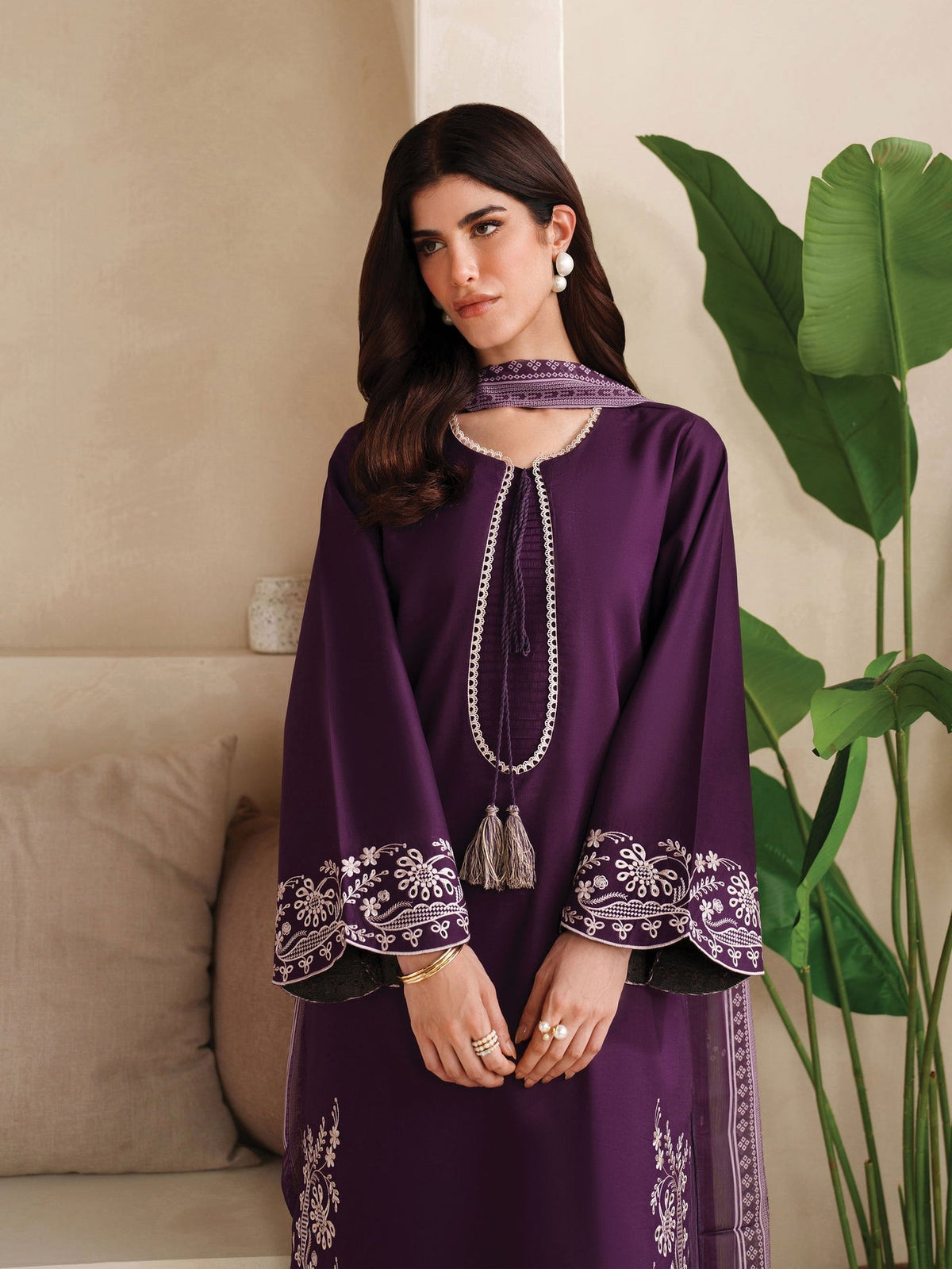 GARNET-3PC DHANAK EMBROIDERED SHIRT WITH COURTRAI PRINTED SHAWL AND TROUSER