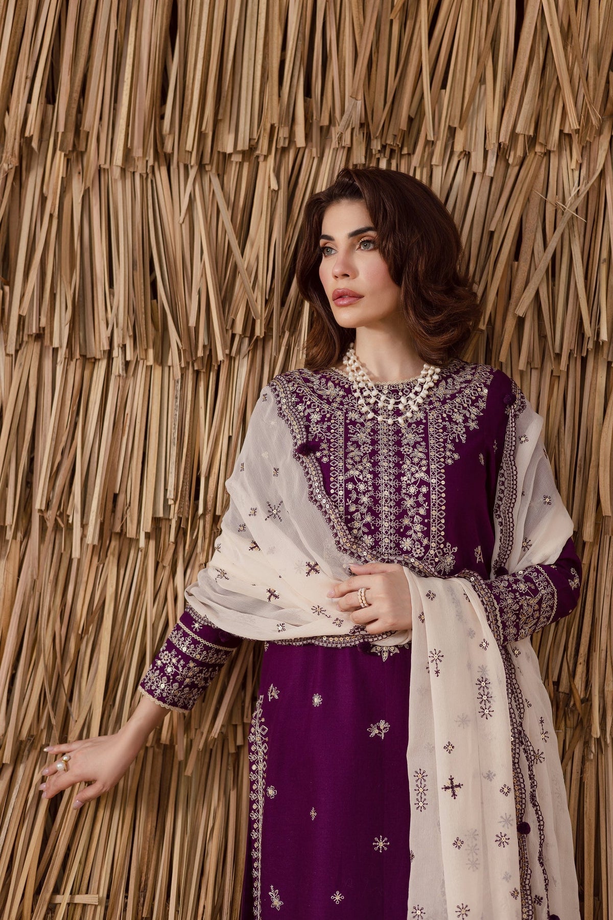 BATIK-3PC DHANAK EMBROIDERED SHIRT WITH DHANAK EMBROIDERED SHAWL AND TROUSER