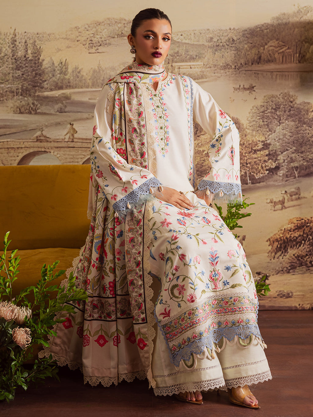 MAHNUR-3PC DHANAK EMBROIDERED SHIRT WITH COURTRAI PRINTED SHAWL & TROUSER