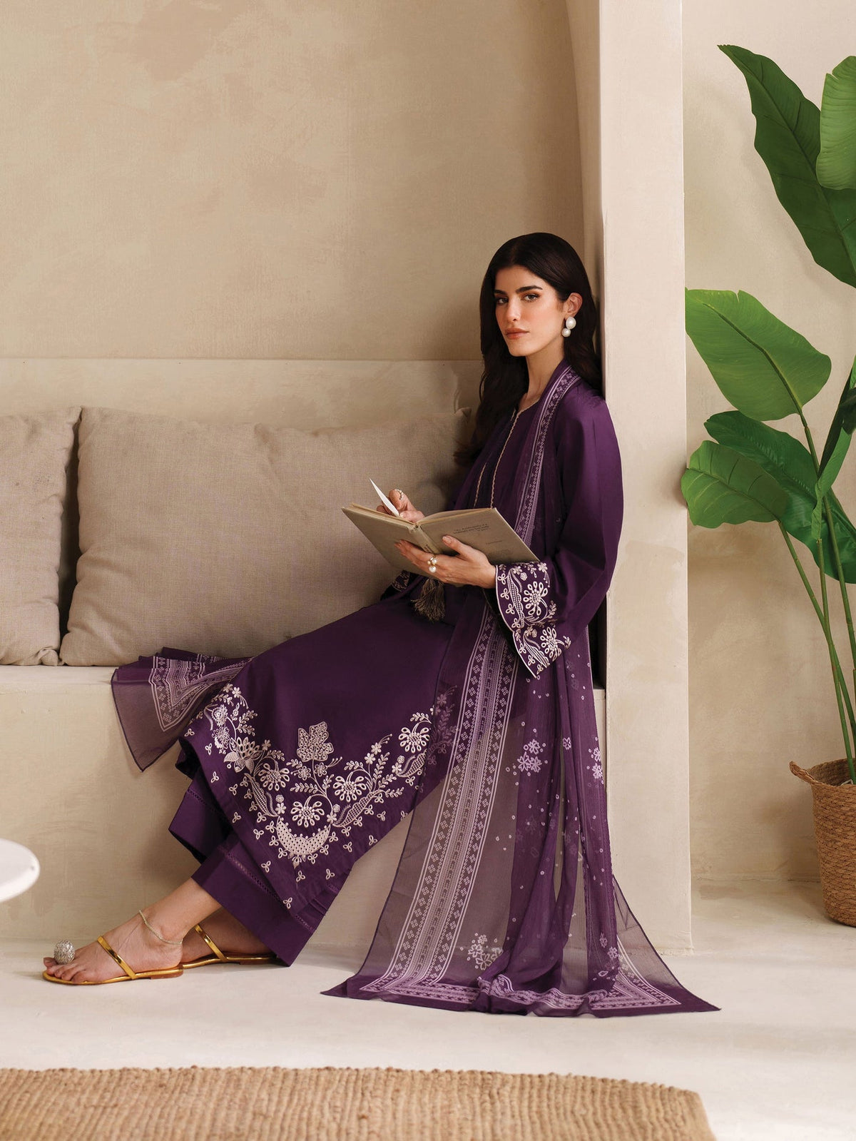 GARNET-3PC DHANAK EMBROIDERED SHIRT WITH COURTRAI PRINTED SHAWL AND TROUSER
