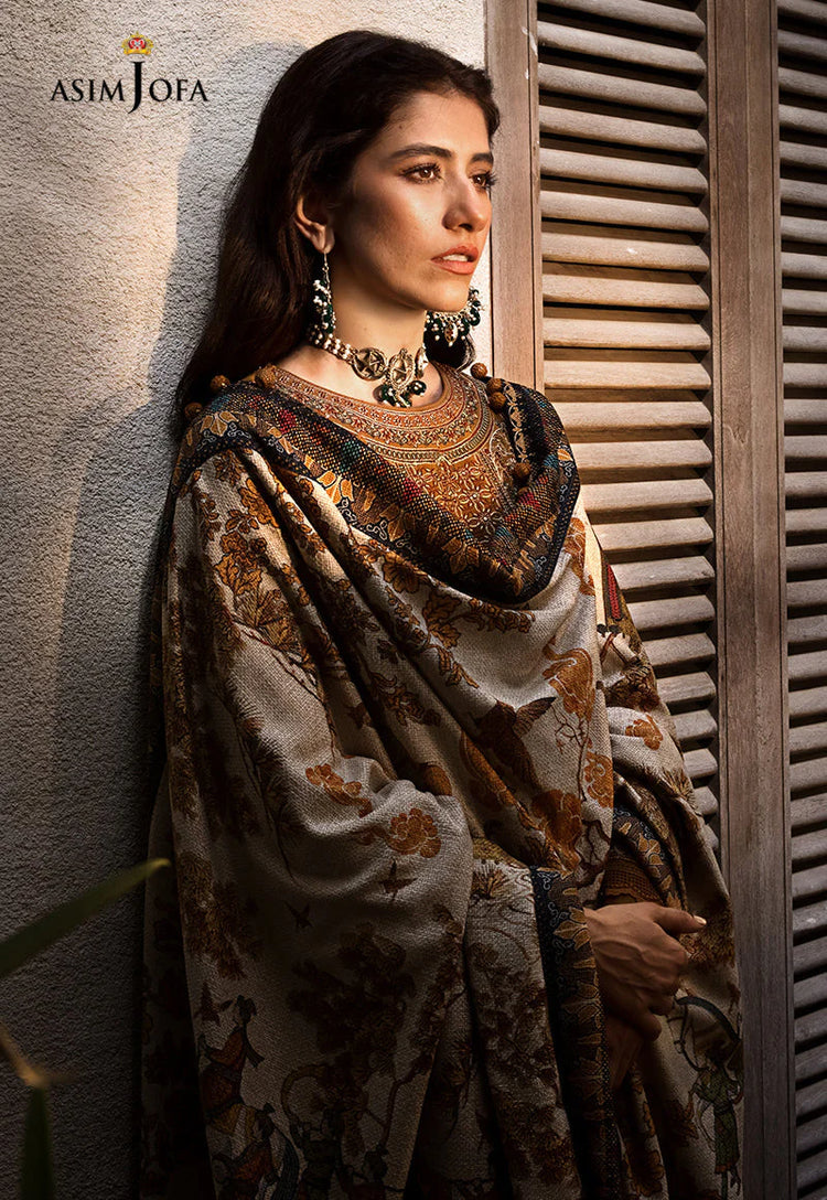 ASIM JOFA-3PC DHANAK EMBROIDERED SHIRT WITH COURTRAI PRINTED SHAWL & TROUSR