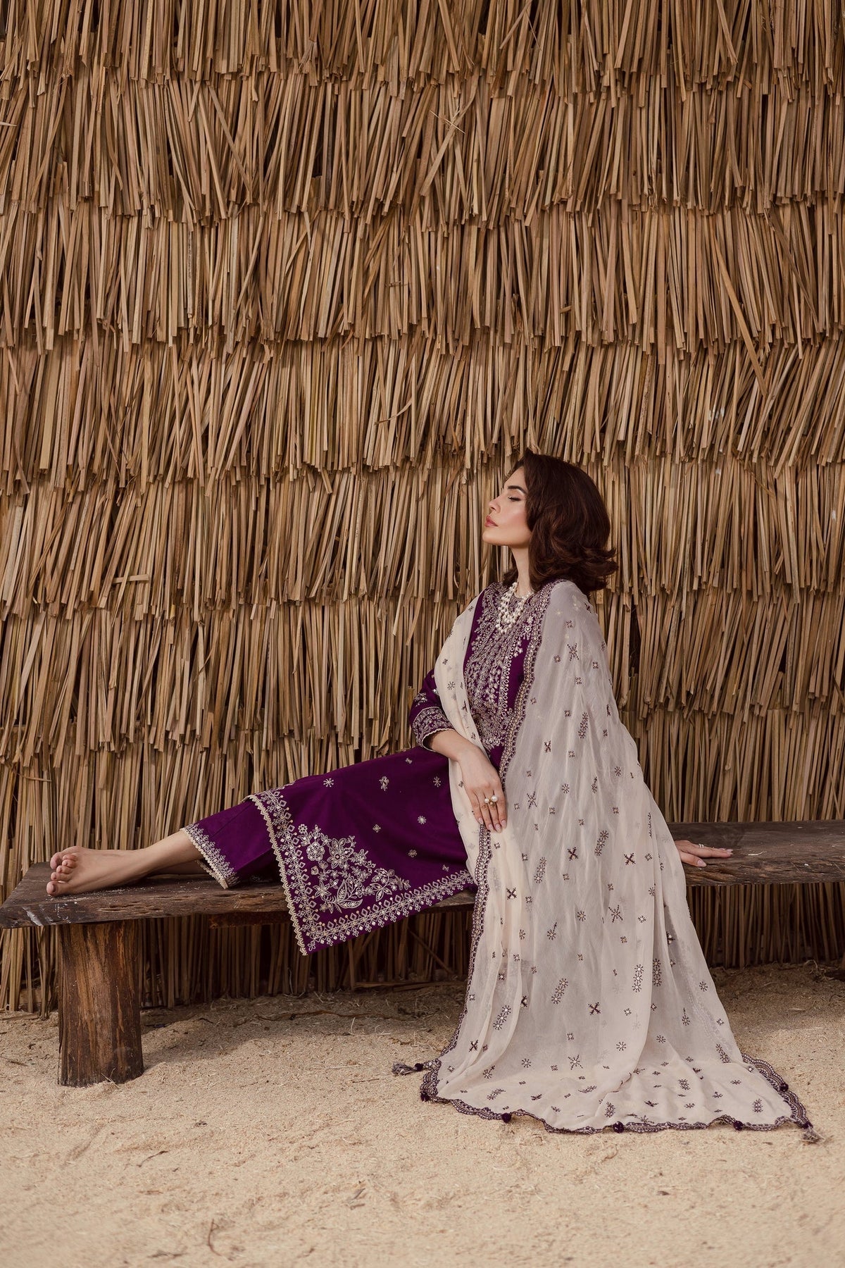 BATIK-3PC DHANAK EMBROIDERED SHIRT WITH DHANAK EMBROIDERED SHAWL AND TROUSER