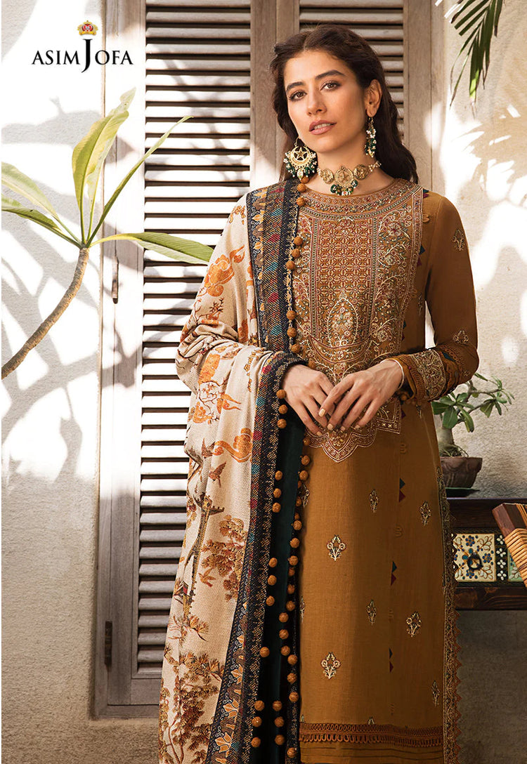ASIM JOFA-3PC DHANAK EMBROIDERED SHIRT WITH COURTRAI PRINTED SHAWL & TROUSR