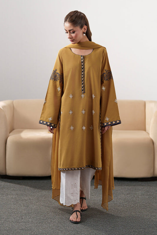 IZEL-3PC DHANAK EMBROIDERED SHIRT WITH DHANAK SHAWL AND EMB TROUSER