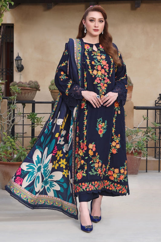 ASIM JOFA-3PC DHANAK EMBROIDERED SHIRT WITH COURTRAI PRINTED SHAWL & TROUSER