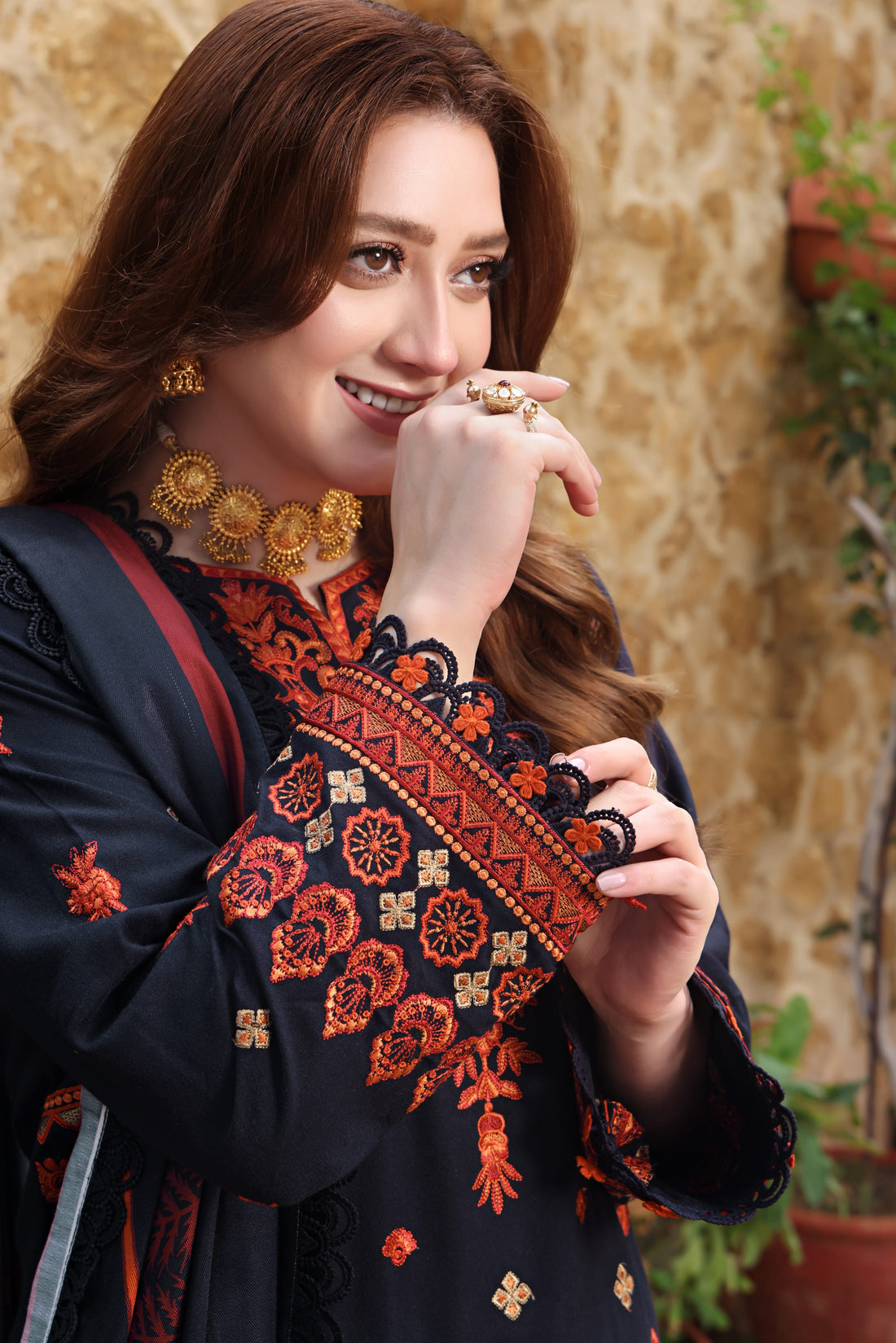 ASIM JOFA-3PC DHANAK EMBROIDERED SHIRT WITH COURTRAI PRINTED SHAWL & TROUSER