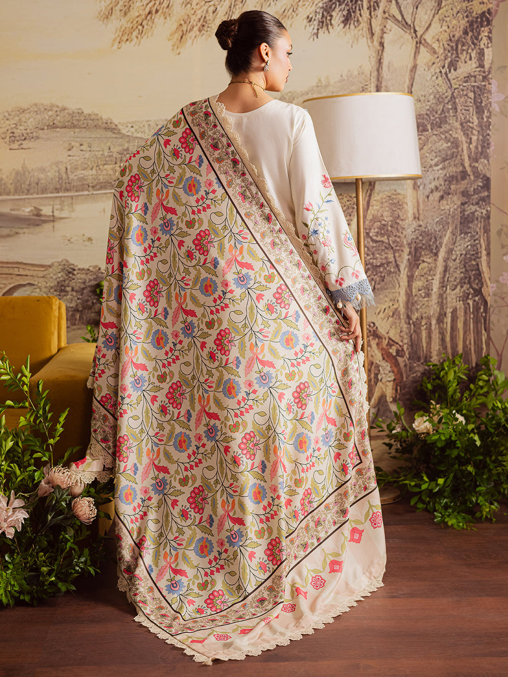 MAHNUR-3PC DHANAK EMBROIDERED SHIRT WITH COURTRAI PRINTED SHAWL & TROUSER