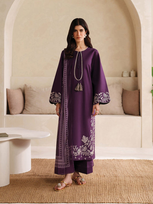 GARNET-3PC DHANAK EMBROIDERED SHIRT WITH COURTRAI PRINTED SHAWL AND TROUSER