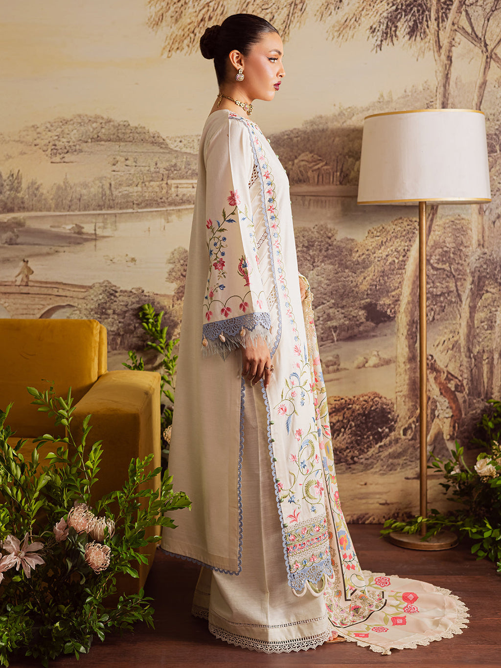 MAHNUR-3PC DHANAK EMBROIDERED SHIRT WITH COURTRAI PRINTED SHAWL & TROUSER